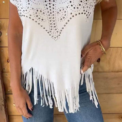 💥 Special sale 👚 women's solid color short sleeve t-shirt with hot print and frayed hem