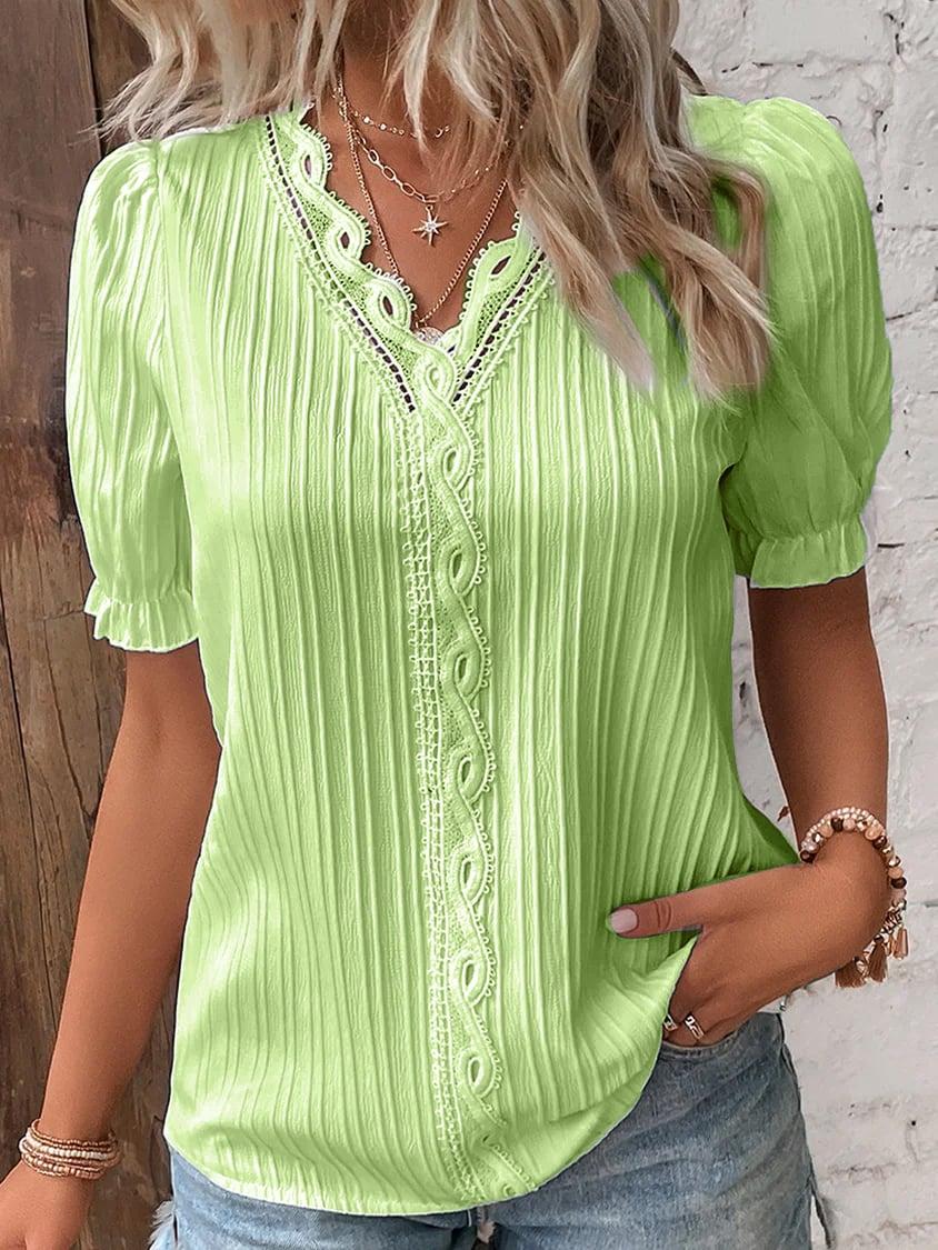 💥2025 New Arrival Pre-Sale✨V Neck Plain Lace Elegant Shirt
