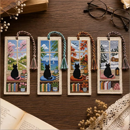 🐈📚Seasonal Cat Cross Stitch Bookmark – Cozy Reading Companion