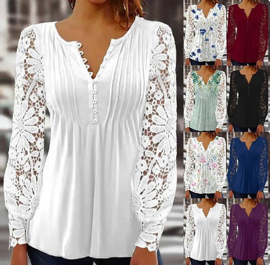 💥Sale 49% discount💕Blouse with floral pattern, long sleeve, V-neckline and lace