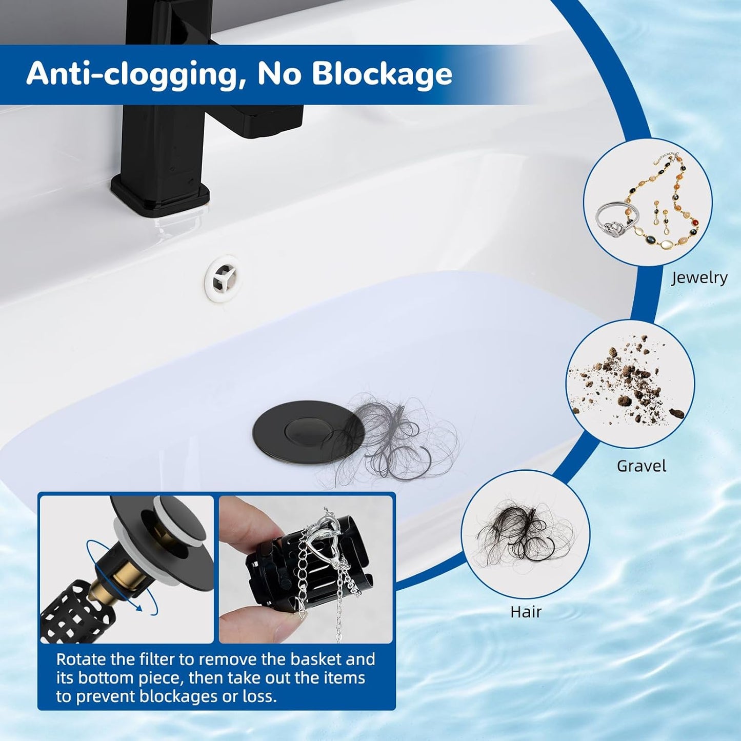 Hibbent Upgraded 3-in-1 Bathroom Sink Drain Strainer, Universal Pop-Up Plug, Removable Stainless Steel Basket-Style Hair Catcher, 1.1–2.36-inch Sink Plug, Brass Cartridge, Matt Black