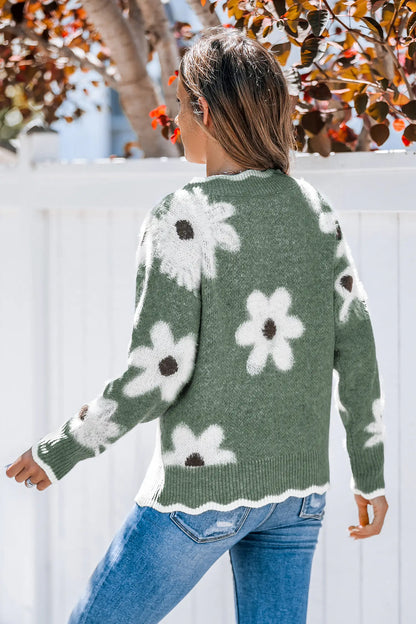 💃LAST DAY 50% OFF✨🍂Women's Floral Pattern Scallop Trim Sweater