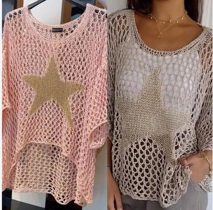 💥Women's Fashion Round Neck Crochet Knit Fishnet Top🤩
