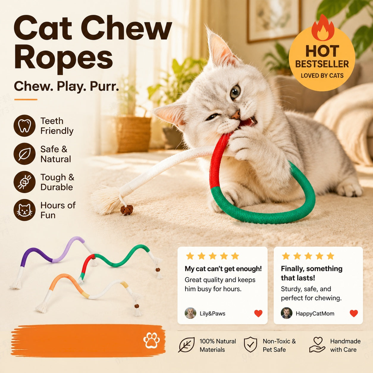 🐾🧶Cat Toys Chew Ropes 3Pcs, Safe Teeth Cleaning Toy for Indoor Kittens, Calming Interactive Kitty Toys