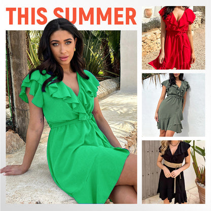❤️Women's Elegant Waist Tie V-Neck Ruffle Dress