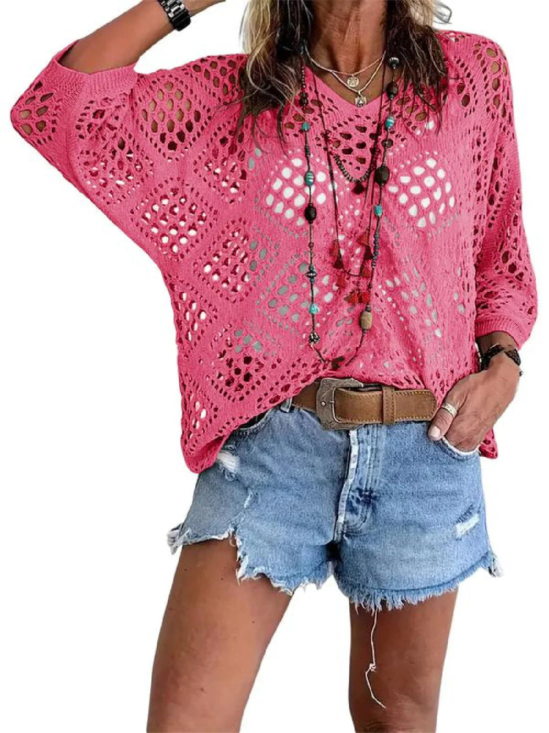 💥Hot Sales-49% OFF🔥Womens Bohemian-Inspired Beige Crochet Top with V-Neck
