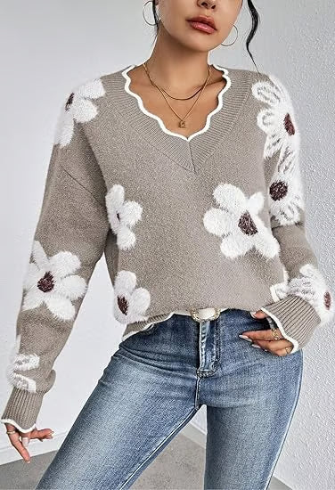 💃LAST DAY 50% OFF✨🍂Women's Floral Pattern Scallop Trim Sweater