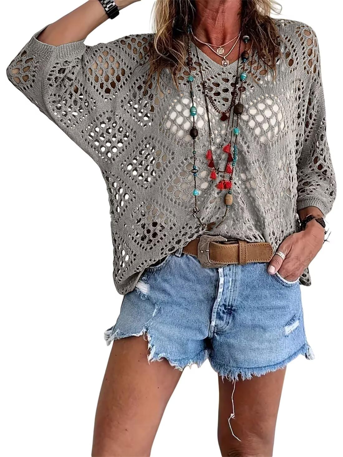 💥Hot Sales-49% OFF🔥Womens Bohemian-Inspired Beige Crochet Top with V-Neck