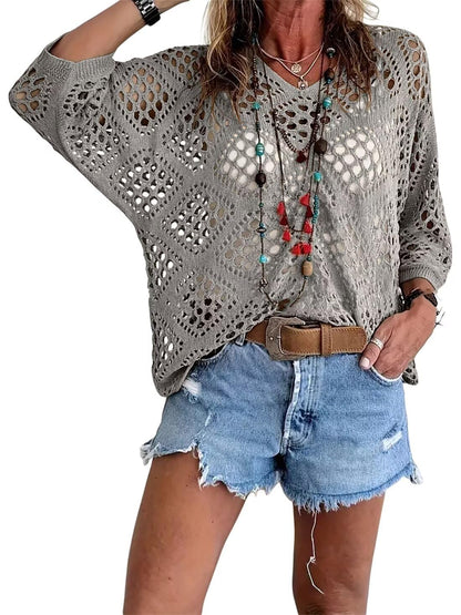 💥Hot Sales-49% OFF🔥Womens Bohemian-Inspired Beige Crochet Top with V-Neck