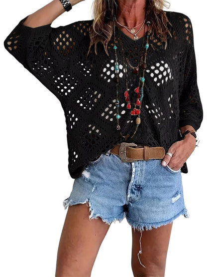 💥Hot Sales-49% OFF🔥Womens Bohemian-Inspired Beige Crochet Top with V-Neck