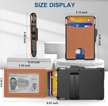 💼🔒Men's Slim RFID Blocking Aluminum Wallet – Pop-Up Card Holder with Money Clip & Dual ID Windows
