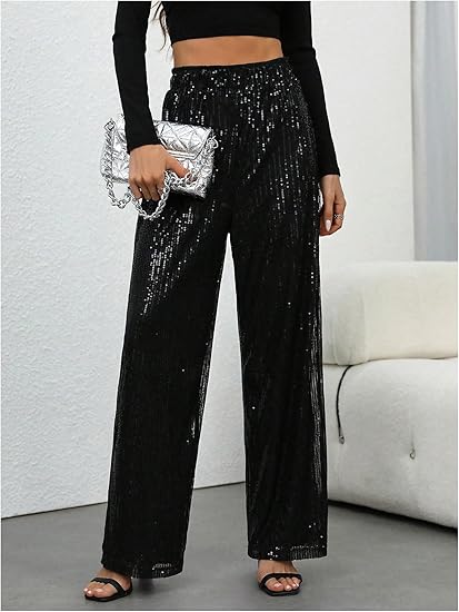 📢📢50 % OFF !!🎅Women's Sequin Sparkle Wide Leg Pants with Elastic Waistband