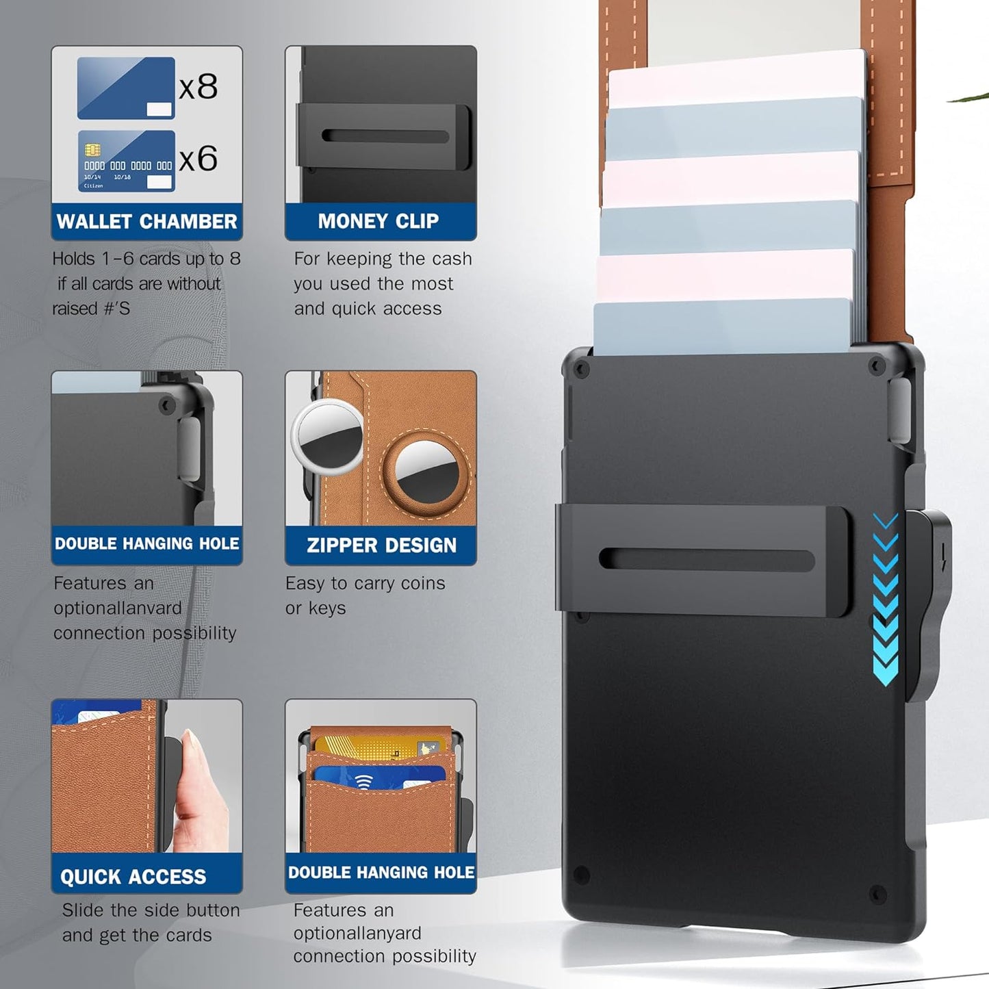 💼🔒Men's Slim RFID Blocking Aluminum Wallet – Pop-Up Card Holder with Money Clip & Dual ID Windows