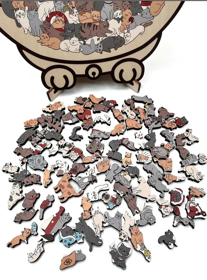 🎁🧩135-Piece Morandi-Colored Cat Shaped Wooden Jigsaw Puzzle