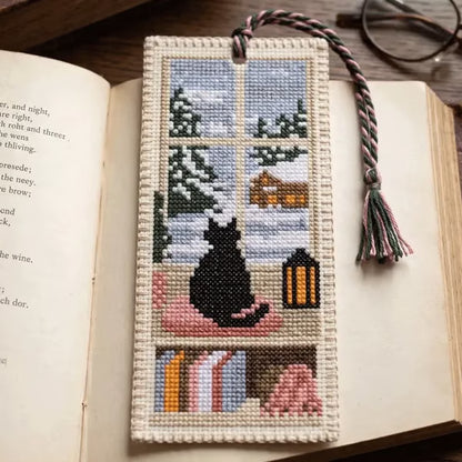 🐈📚Seasonal Cat Cross Stitch Bookmark – Cozy Reading Companion