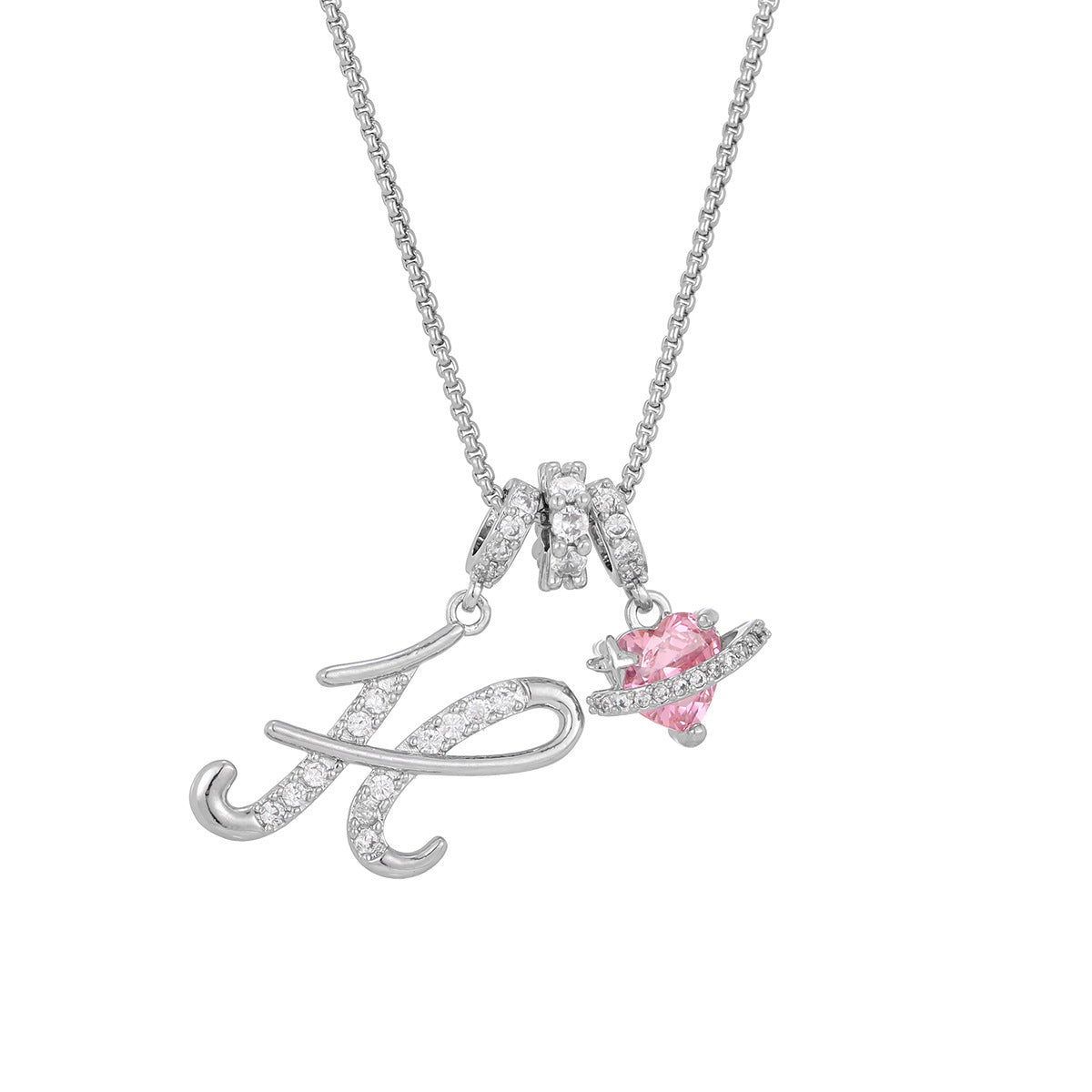 💖Initial Letter Necklace with Pink Heart Charm✨