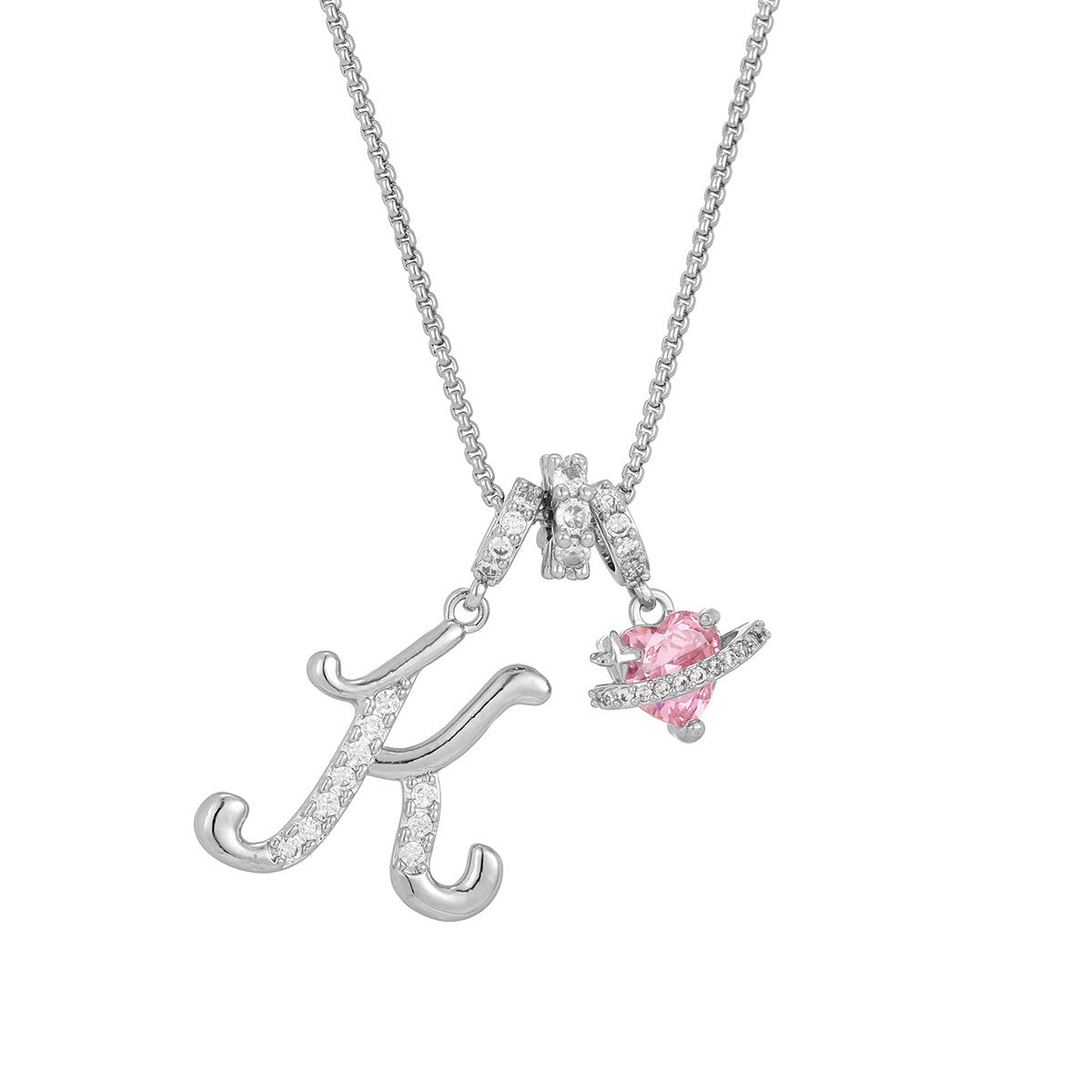 💖Initial Letter Necklace with Pink Heart Charm✨