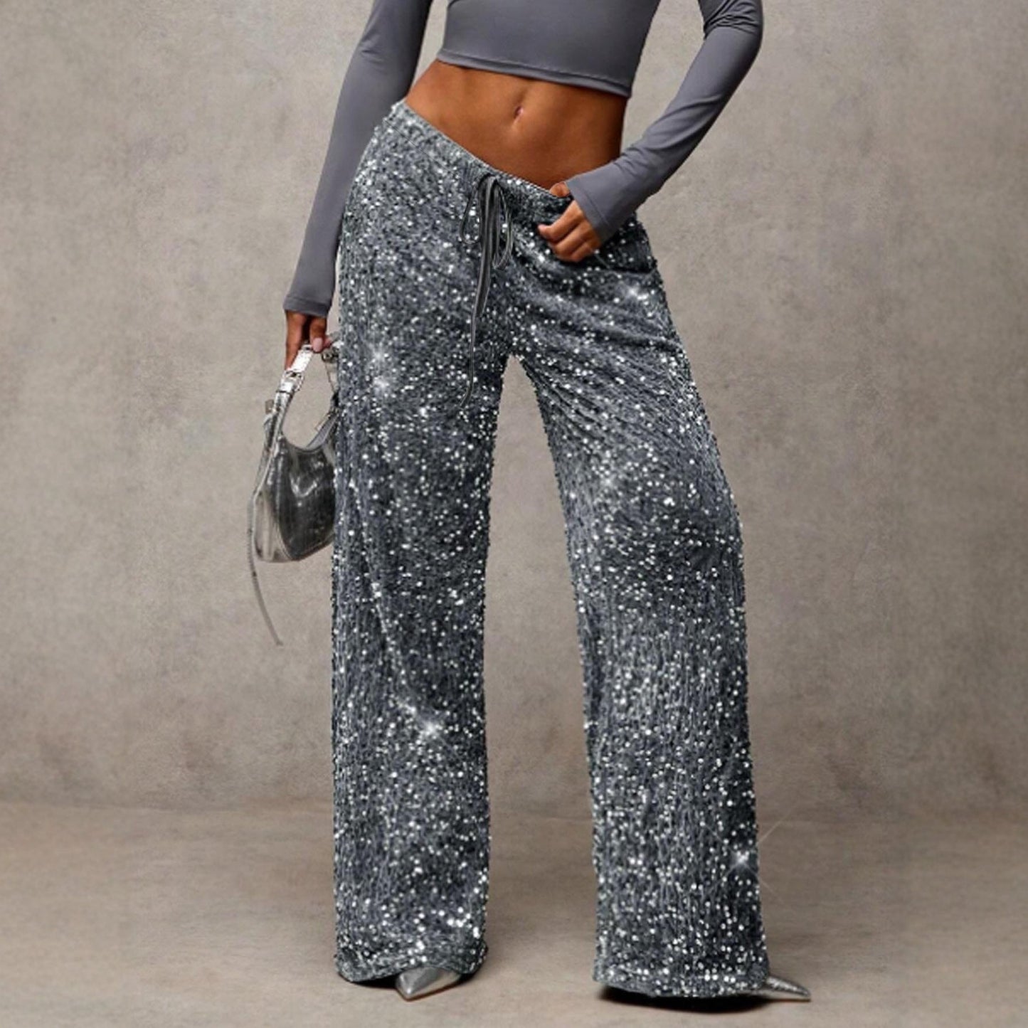 📢📢50 % OFF !!🎅Women's Sequin Sparkle Wide Leg Pants with Elastic Waistband
