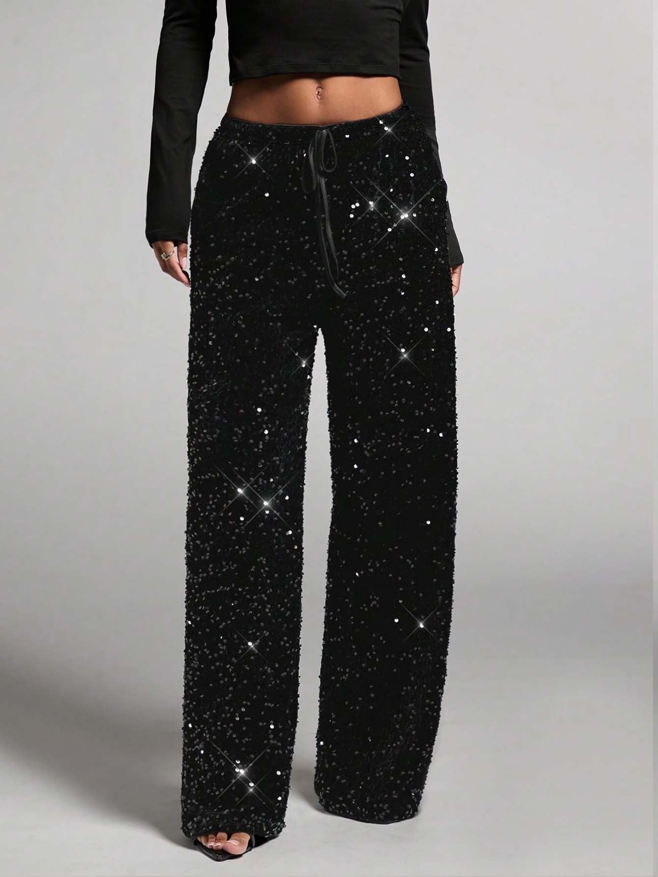 📢📢50 % OFF !!🎅Women's Sequin Sparkle Wide Leg Pants with Elastic Waistband