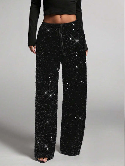 📢📢50 % OFF !!🎅Women's Sequin Sparkle Wide Leg Pants with Elastic Waistband