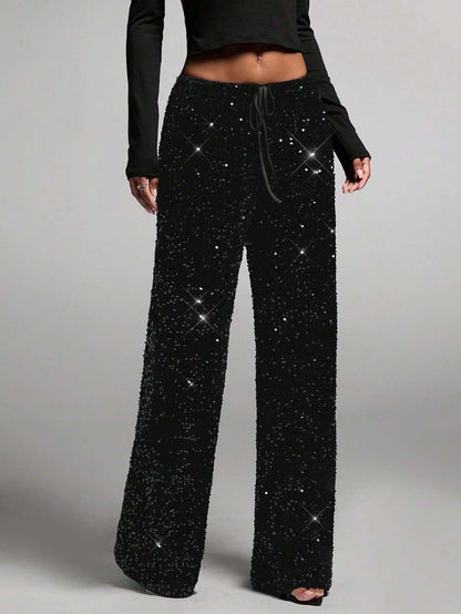 📢📢50 % OFF !!🎅Women's Sequin Sparkle Wide Leg Pants with Elastic Waistband