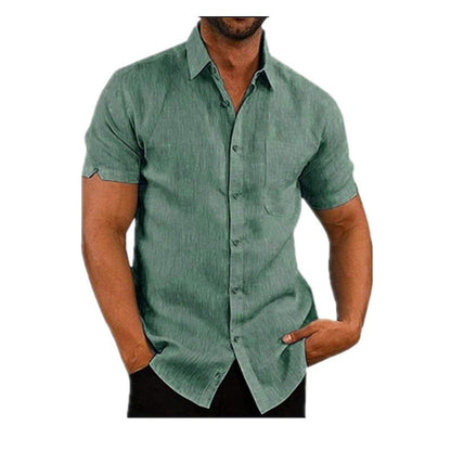 Men's Shirt With Solid Color Lapel And Short Sleeves
