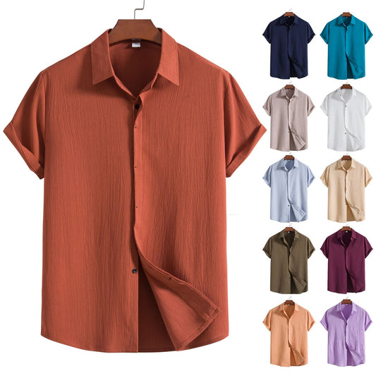 🔥Promotion - 49% Off💥-Men's Casual Loose Solid Color Button Up Short Sleeve Cotton Linen Shirt