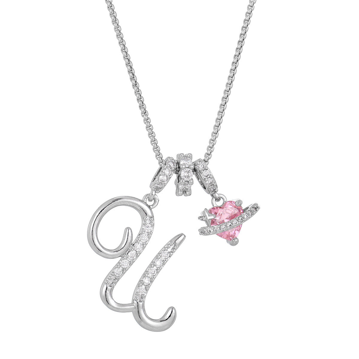 💖Initial Letter Necklace with Pink Heart Charm✨