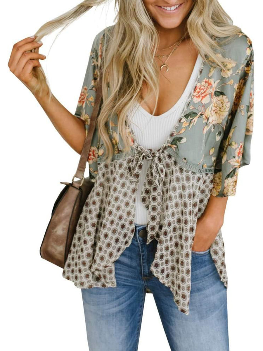 🌸Women's Floral Kimono Ruffle Sleeve Tie Cardigans Flowy Boho Loose Cover Ups