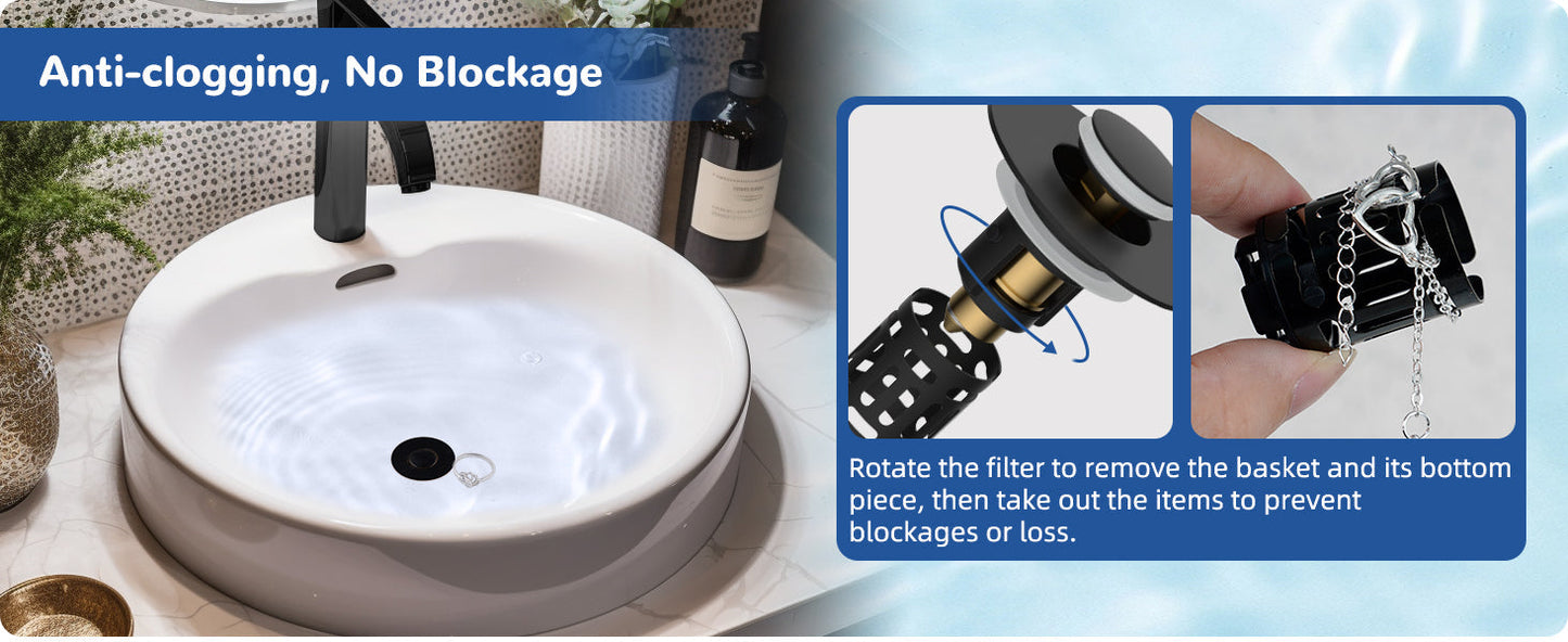 Hibbent Upgraded 3-in-1 Bathroom Sink Drain Strainer, Universal Pop-Up Plug, Removable Stainless Steel Basket-Style Hair Catcher, 1.1–2.36-inch Sink Plug, Brass Cartridge, Matt Black