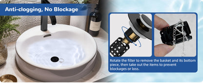 Hibbent Upgraded 3-in-1 Bathroom Sink Drain Strainer, Universal Pop-Up Plug, Removable Stainless Steel Basket-Style Hair Catcher, 1.1–2.36-inch Sink Plug, Brass Cartridge, Matt Black