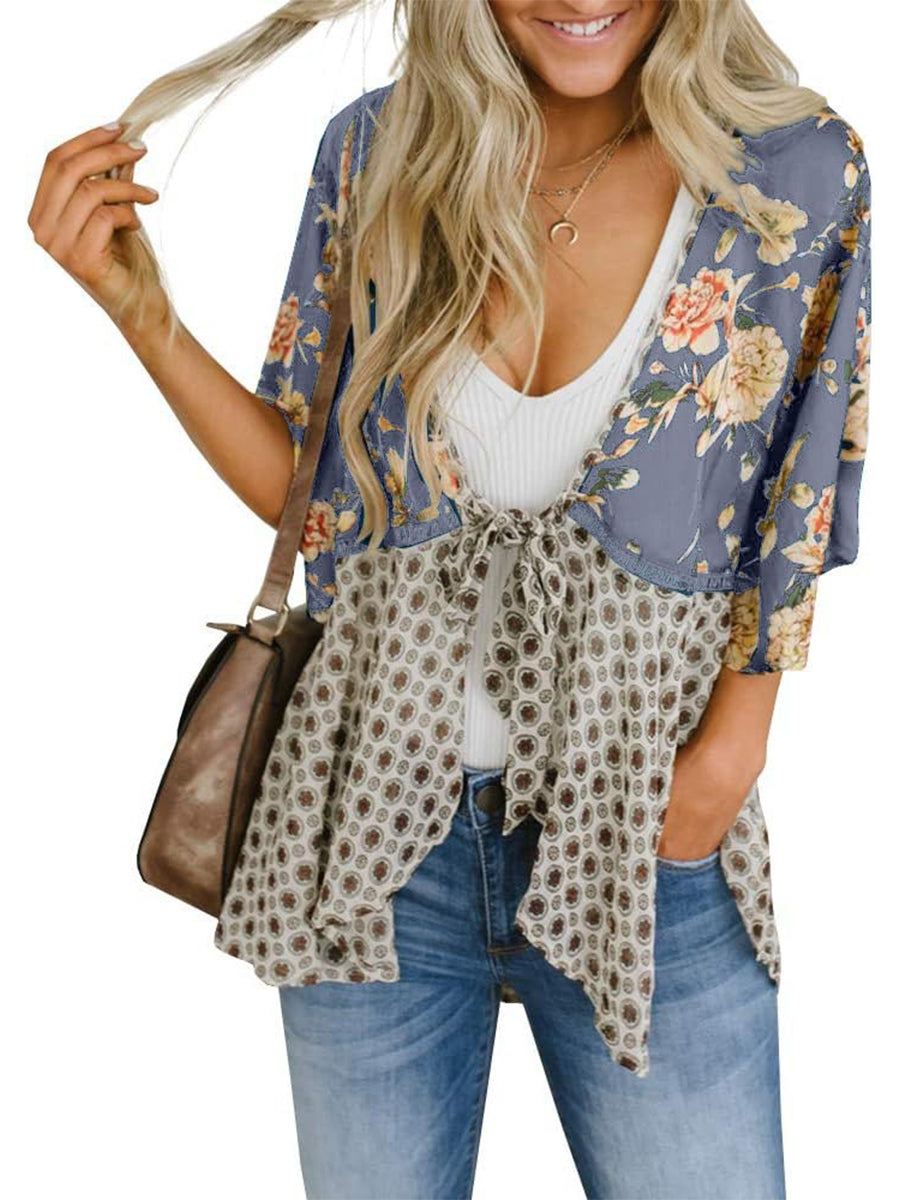 🌸Women's Floral Kimono Ruffle Sleeve Tie Cardigans Flowy Boho Loose Cover Ups