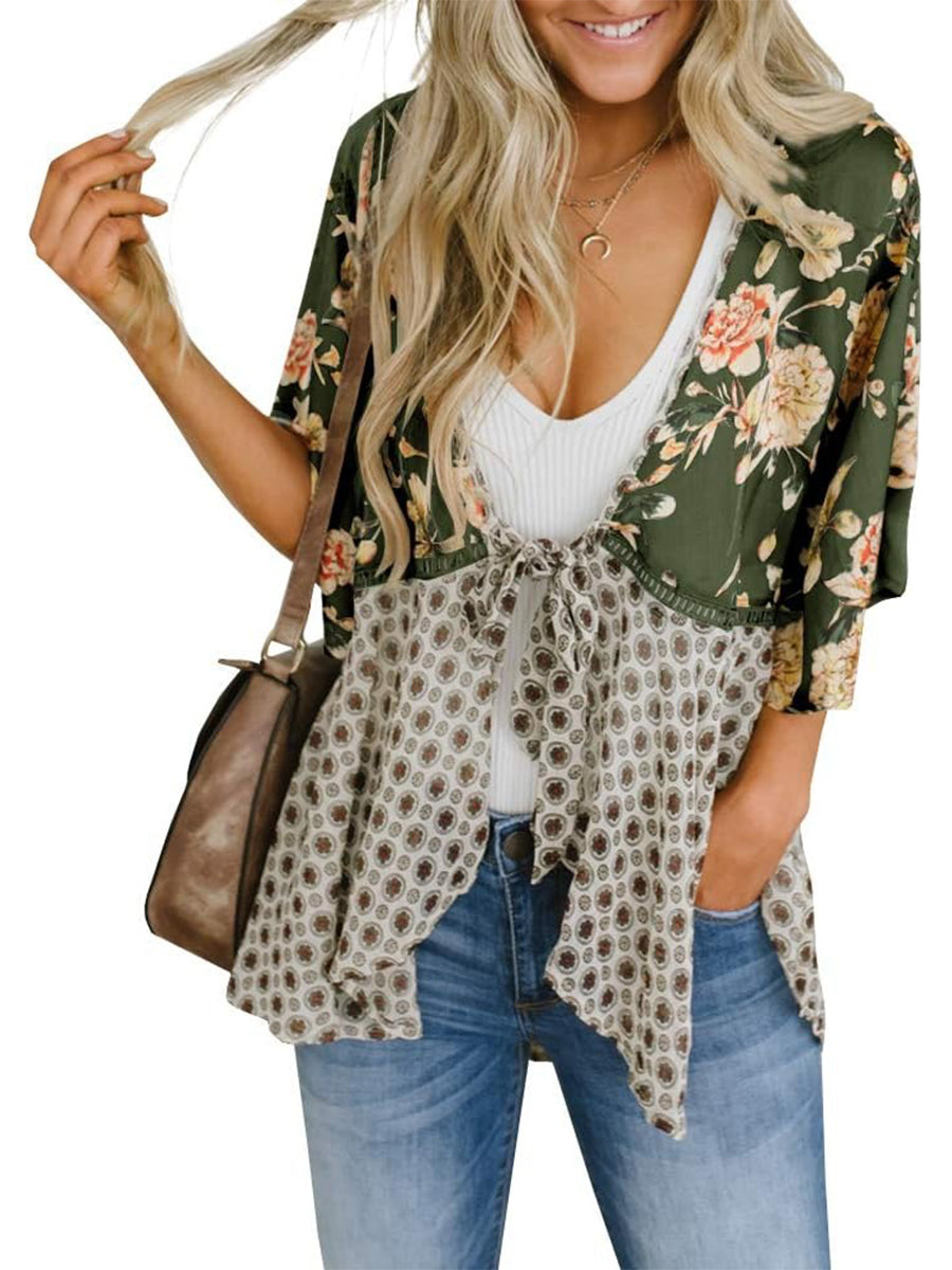 🌸Women's Floral Kimono Ruffle Sleeve Tie Cardigans Flowy Boho Loose Cover Ups