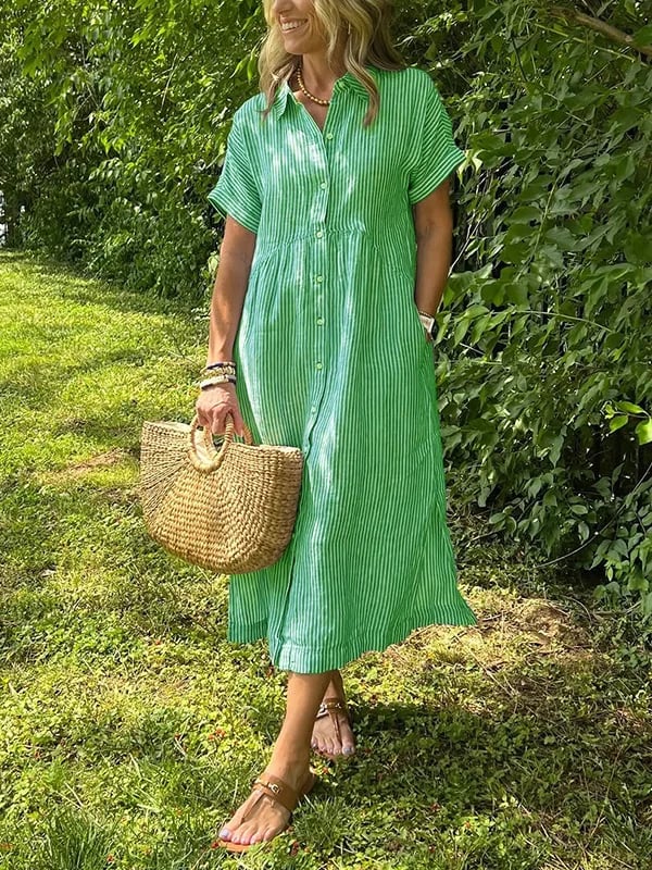 🔥Striped Lapel Button Down Shirt Dress | With Functional Pockets