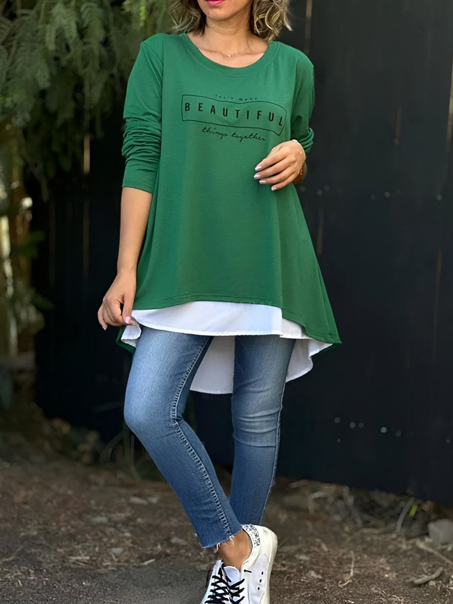 💥Sale 49% discount💕Letter Print Fake Two Piece Long Sleeve T-shirt