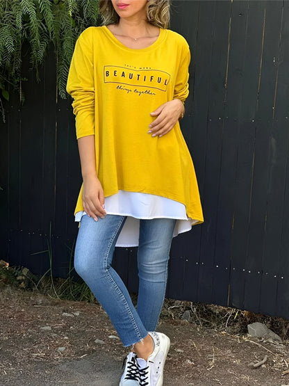 💥Sale 49% discount💕Letter Print Fake Two Piece Long Sleeve T-shirt