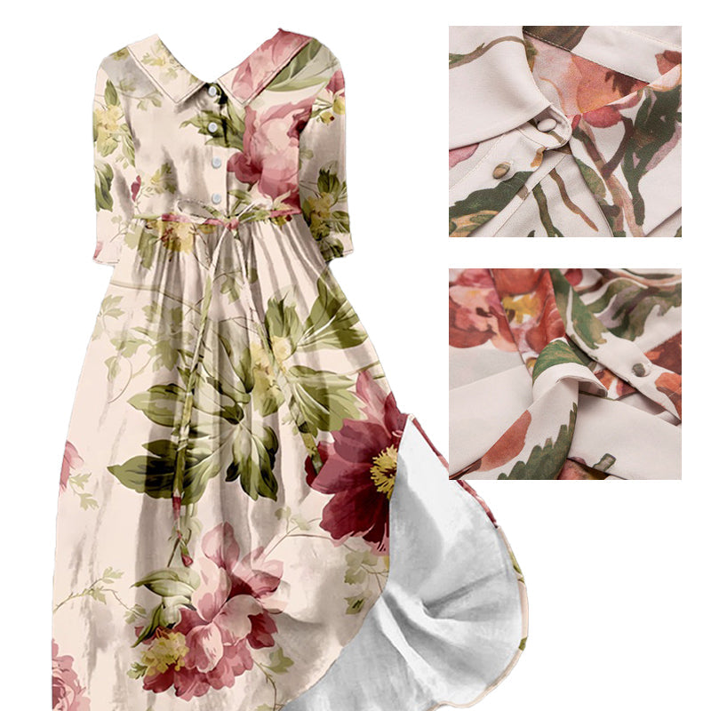 🔥Women's Vintage Botanical Floral Design Print Lace-Up Dress