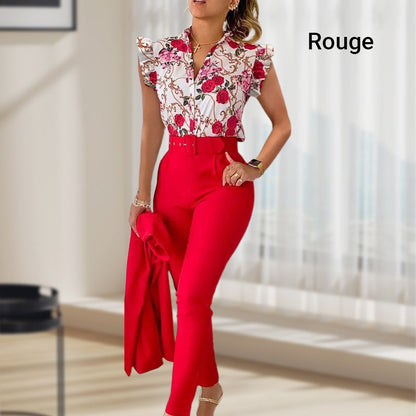 💕Women's 2-piece set: elegant printed top and solid-colored pants with belt