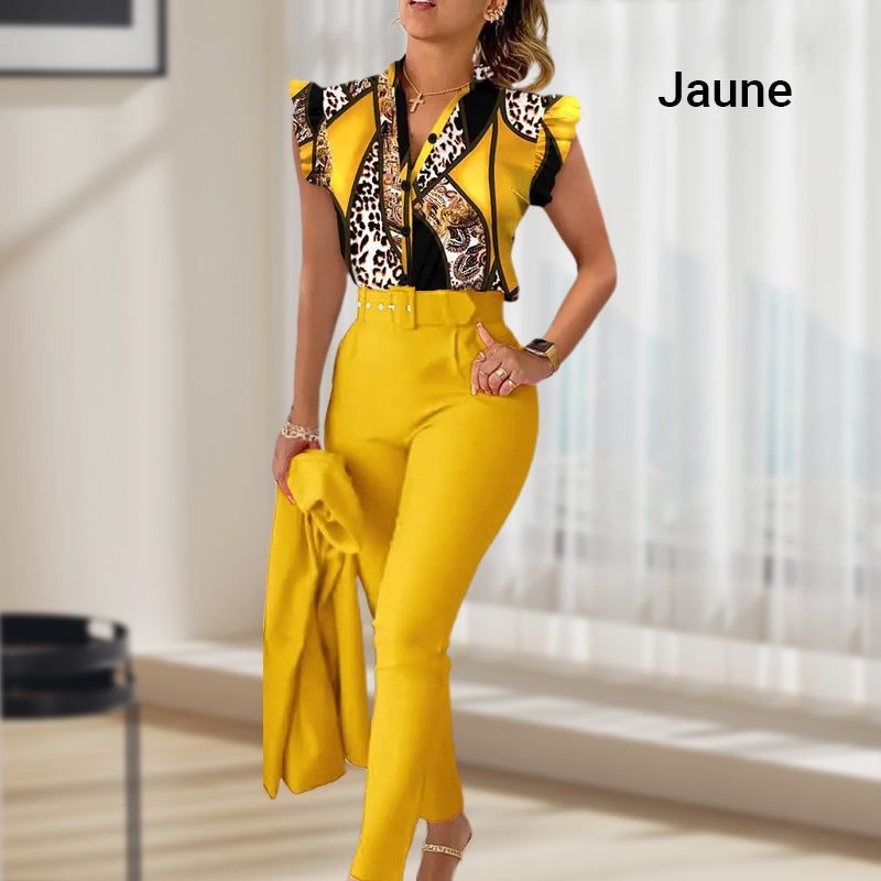 💕Women's 2-piece set: elegant printed top and solid-colored pants with belt