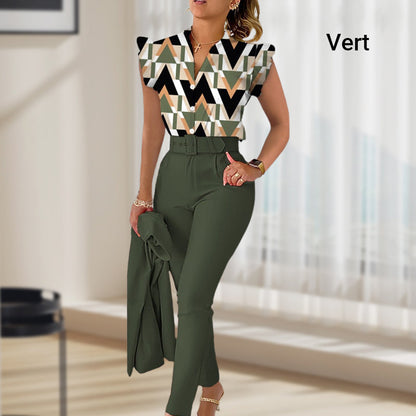 💕Women's 2-piece set: elegant printed top and solid-colored pants with belt