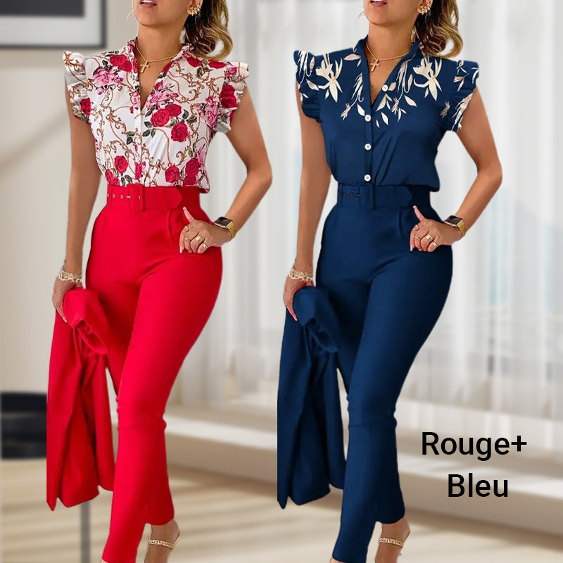 💕Women's 2-piece set: elegant printed top and solid-colored pants with belt