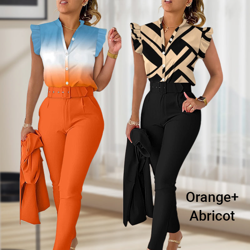 💕Women's 2-piece set: elegant printed top and solid-colored pants with belt
