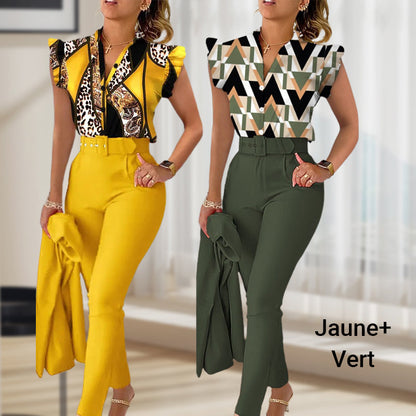 💕Women's 2-piece set: elegant printed top and solid-colored pants with belt