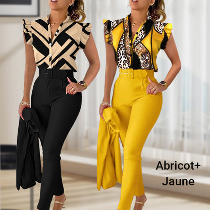 💕Women's 2-piece set: elegant printed top and solid-colored pants with belt