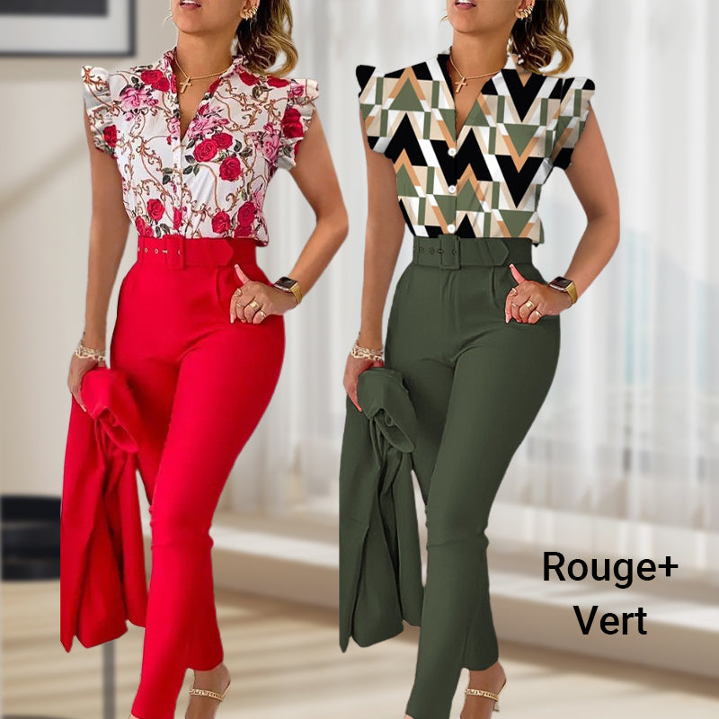 💕Women's 2-piece set: elegant printed top and solid-colored pants with belt