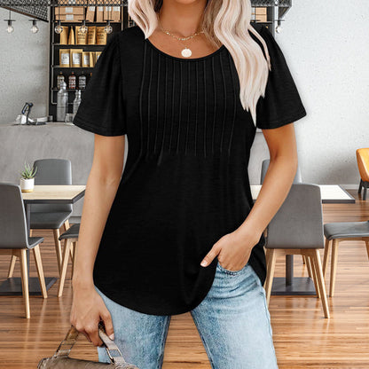 🌈Spring Sale - 49% off✨Women's Summer Round Neck Short Sleeve Pleated T-Shirt