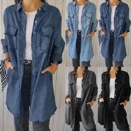 🔥Promotion - 49% discount🎉Women’s Faux Denim Comfortable Lapel Coat Shirt