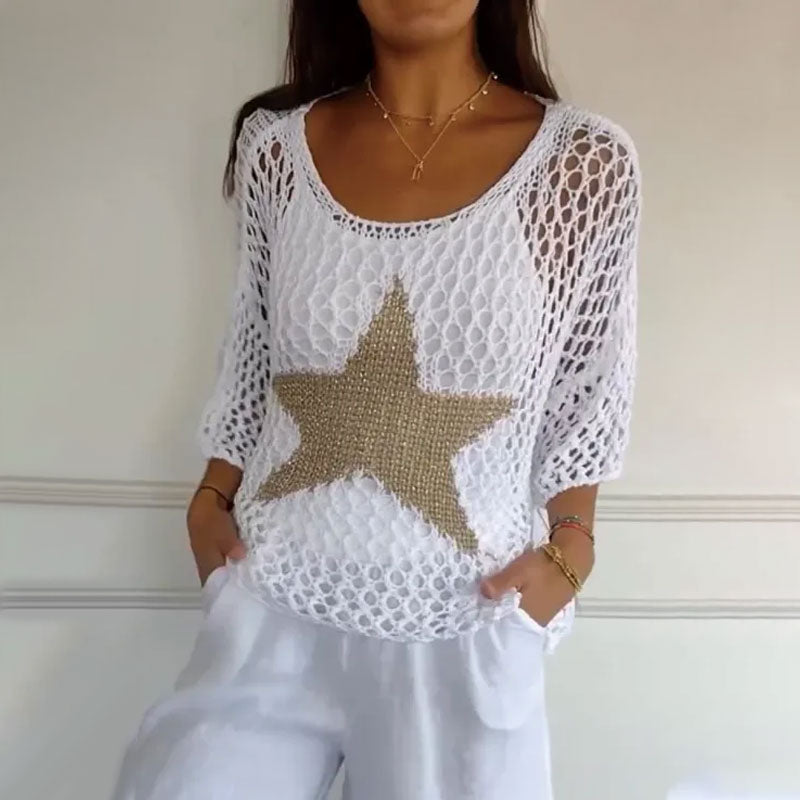 💥Women's Fashion Round Neck Crochet Knit Fishnet Top🤩
