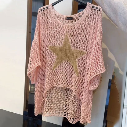 💥Women's Fashion Round Neck Crochet Knit Fishnet Top🤩