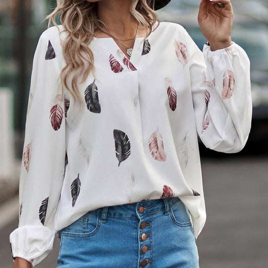 🪶Women's V-Neck Feather Printed Long Sleeve Loose Shirt💕